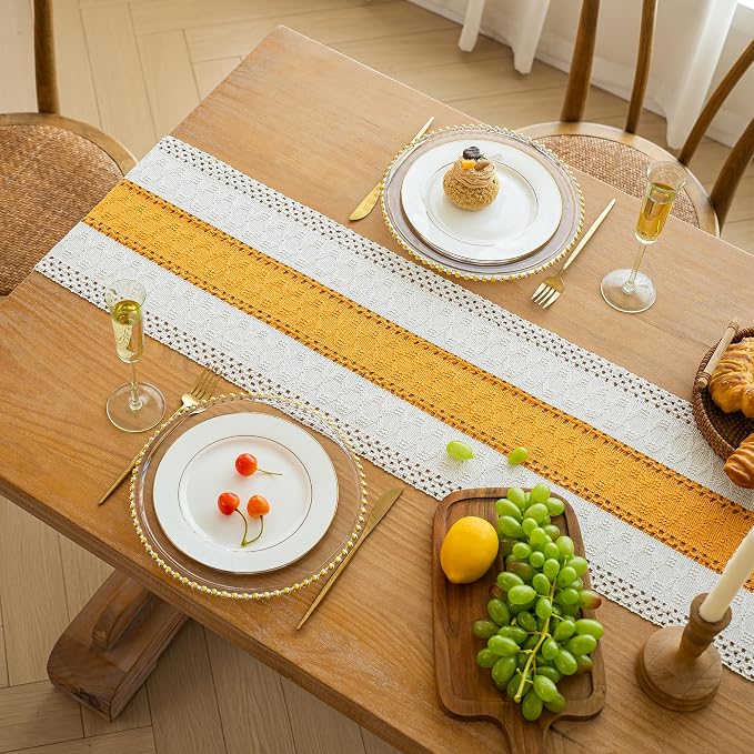 FEXIA Boho Table Runner for Summer Home Decor with Tassels 72 Inches Long Farmhouse Yellow Rustic Table Decoration Macrame Burlap Decor for Living Room Bridal Shower (12x72 Inches)