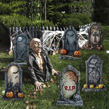 ORNALES 6 Pieces Halloween Tombstone Yard Signs, Waterproof Tombstone Halloween Yard Decorations with Stakes, Ghost Skull Pumpkin Graveyard Design for Outdoor Yard, Garden Lawn, Holiday Party