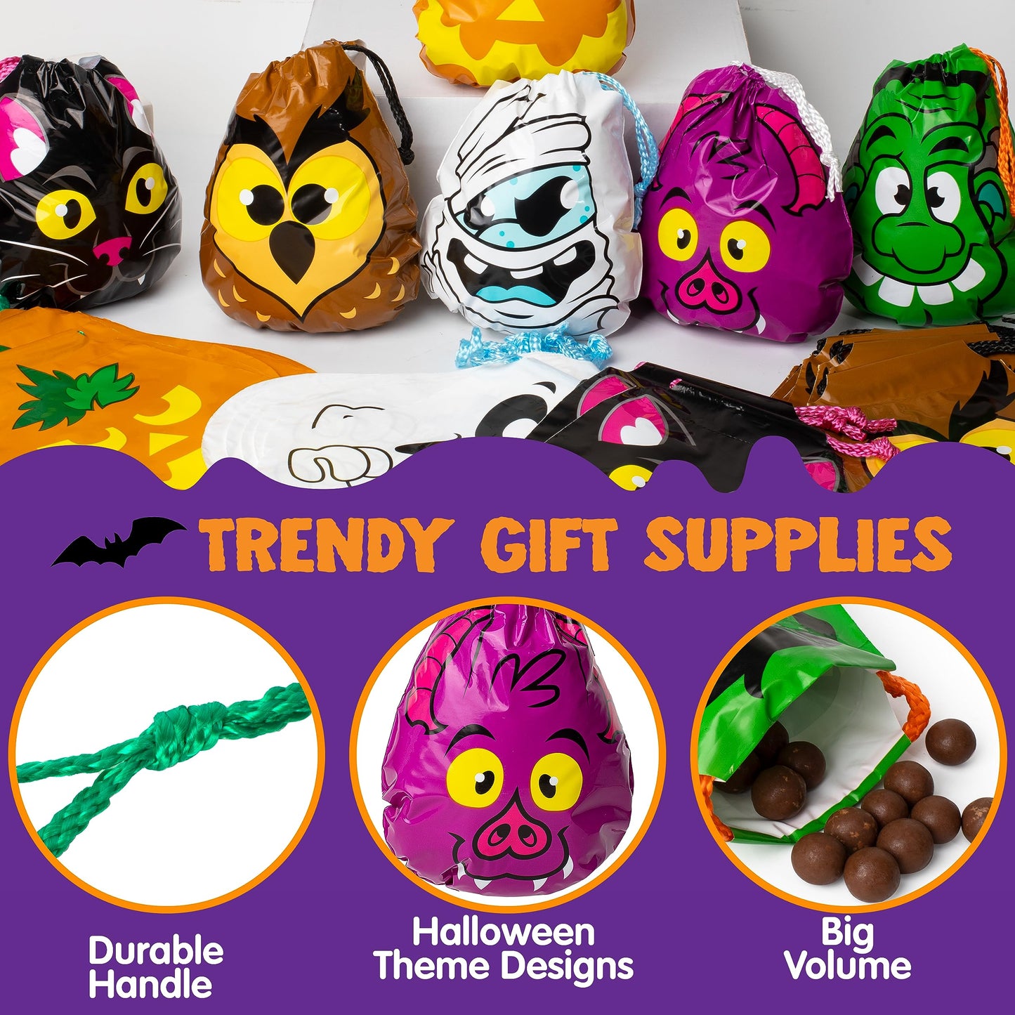 JOYIN 72PCS Halloween Drawstring Goody Bags, Halloween Treats Bags, Trick or Treat Bag, Goodie Candy Gift Bag Bulk for Kids Trick or Treating, Party Favors Supplies, 12 Designs Classroom Gifts Prizes