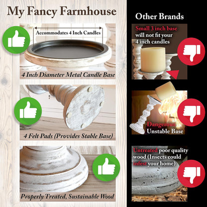 Large Candle Holders for Pillar Candles (3 Piece Set) Tall Rustic Wood Farmhouse Pillar Candlestick Stands - Fits 4 inch inch Wide Pillar Candles - Modern Candle Holder Decor (Antique White)