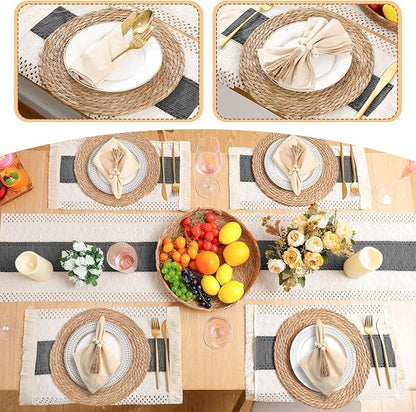 6 Sets Boho Decoration Placemats Round Woven Placemats, Cloth Napkins, Wood Bead Napkin Rings, Long Table Runner and Farmhouse Burlap Cotton for Table Kitchen (Gray,12x72)