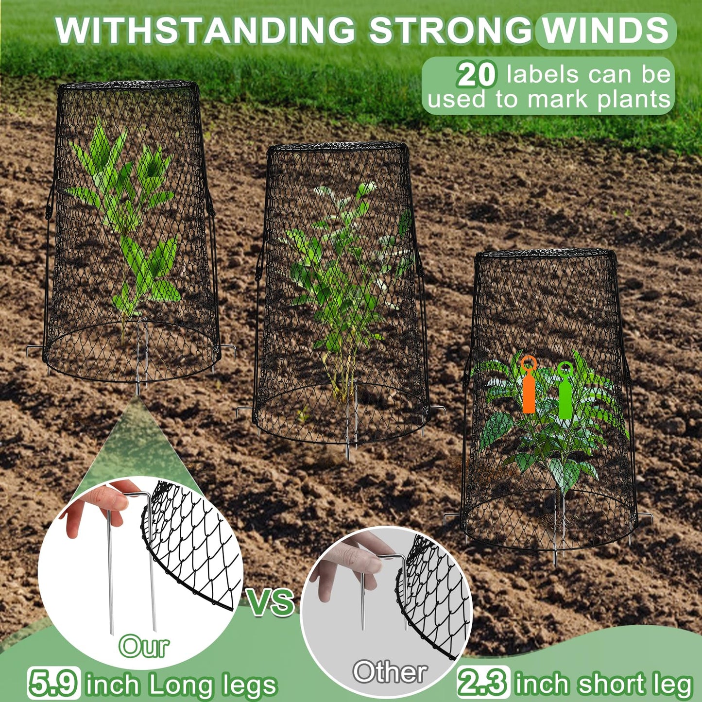 5 Pcs 17.7" Tall Garden Cloches for Plants, 5.9" Long Legs Ground Stakes Plant Cages Stackable Storage, Rustproof Plants Chicken Wire Cloche Plant Protectors from Animals for Squirrels, Rabbits, Deers