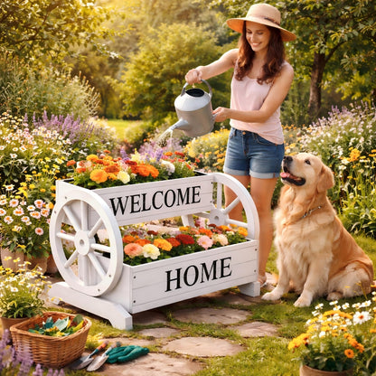 Ultym 2-Tier Wooden Wagon Planter Box, Extra Large Decorative Flower Cart with Wheels, Washed White Rustic Wood Planter with Drainage Holes & Non-Woven Liner, Raised Bed for Flowers Herbs Vegetables