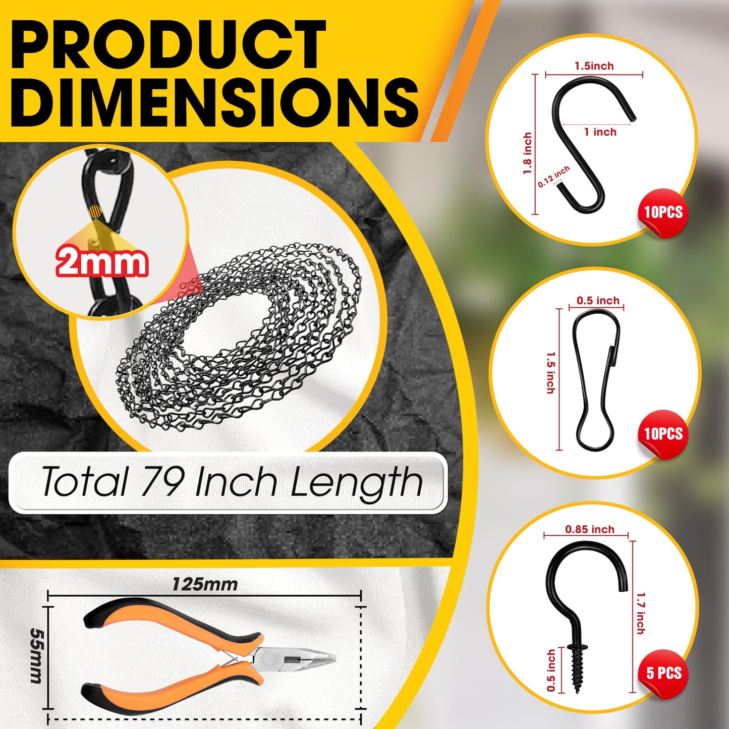 [Upgraded] 79” Black Electroplated Steel Hanging Chain with S-Hooks, Snap Hooks, Ceiling Hooks & Pliers, 33LBS Load Capacity, Adjustable Length for Hanging Bird Feeders, Planters, Lanterns, Billboards