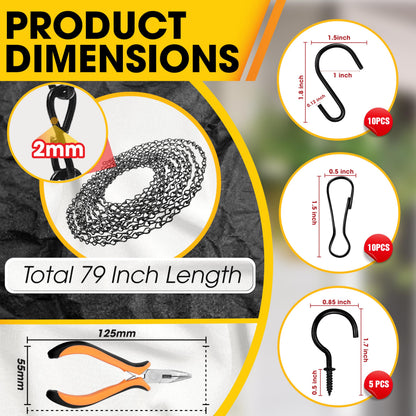 [Upgraded] 79” Black Electroplated Steel Hanging Chain with S-Hooks, Snap Hooks, Ceiling Hooks & Pliers, 33LBS Load Capacity, Adjustable Length for Hanging Bird Feeders, Planters, Lanterns, Billboards