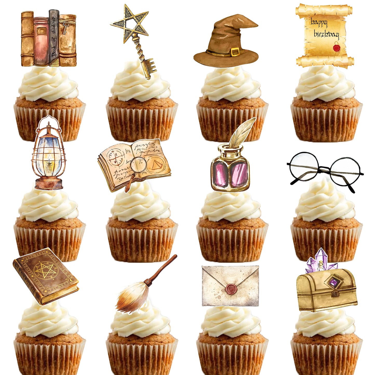 Magical Wizard Birthday Cupcake Toppers 48 Pieces Wizard Hat Flying Broomstick Cupcake Picks for Magic School Themed Party Dessert Decorations