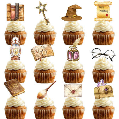 Magical Wizard Birthday Cupcake Toppers 48 Pieces Wizard Hat Flying Broomstick Cupcake Picks for Magic School Themed Party Dessert Decorations