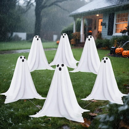 JOYIN 3 Pcs Halloween Decorations Outdoor Ghosts Pathway Lights, 18” White Cloth Ghost with White Light Up Yard Stakes for Graveyard Yard Lawn Garden Prop, Party Decor Supplies