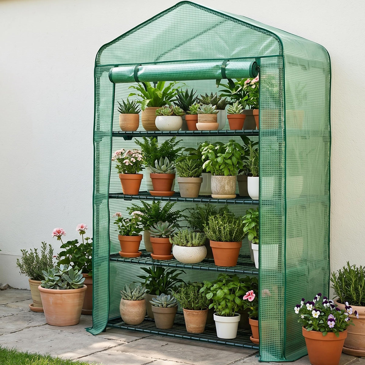 Worth Garden 50% Extra Wide Mini Greenhouse 4 Tier Portable Plant Green House 40in Wide -Sturdy Gardening Shelves with PE Cover & Roll-Up Zipper Door - Indoor & Outdoor Use - 19″W. x 40″L. x63″H.