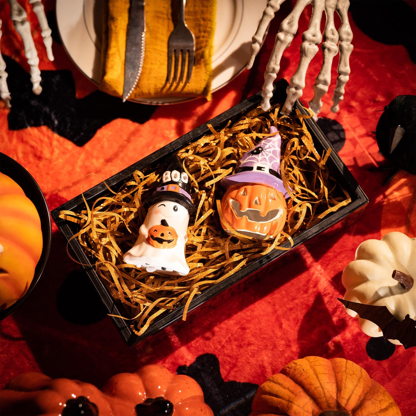 Valery Madelyn Halloween Decorations Indoor for Home, 2Pcs Ceramic Halloween Figurines with Light, Orange Jack o Lantern & White Ghost Decor with Spider Web Witch Hat for Table Tiered Tray, 4.1"
