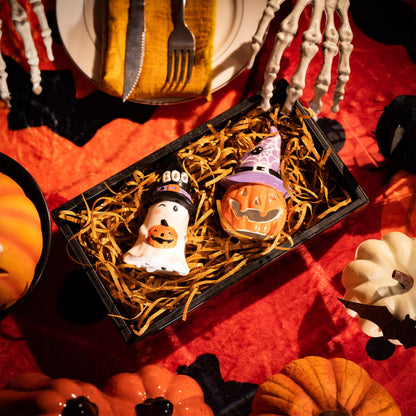 Valery Madelyn Halloween Decorations Indoor for Home, 2Pcs Ceramic Halloween Figurines with Light, Orange Jack o Lantern & White Ghost Decor with Spider Web Witch Hat for Table Tiered Tray, 4.1"