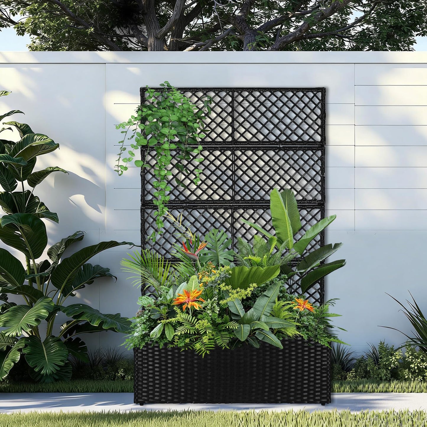 52’’ H Garden Planter Box with Trellis Outdoor for Vine Climbing Plants, Flowers Handwoven Rattan Garden Bed with Removable Liners for Backyard Patio Balcony