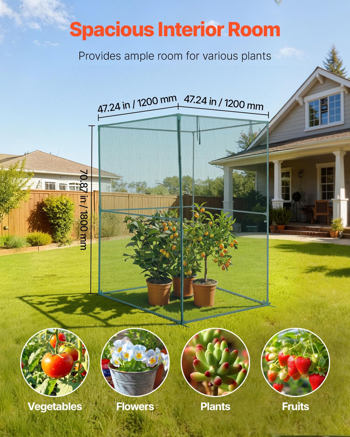 VEVOR Crop Cage, 3.9 x 3.9 x 5.9 ft Plant Protection Tent with Zippered Door, Wind-Resistant Tall Crop Cage, Easy to Install, Outdoor Raised Bed Cover, Tomato Plant Netting for Garden Patio Lawn