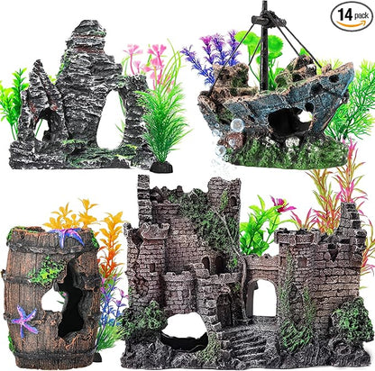 CousDUoBe 14 Pcs Aquarium Decorations Large Kit，Castle Fish Tank Bubbler Decorations，Starfish Barrel, Resin Cave Rock,Resin Material Sunken Ship,Aquarium Plants Large Fish Bowl Ornaments