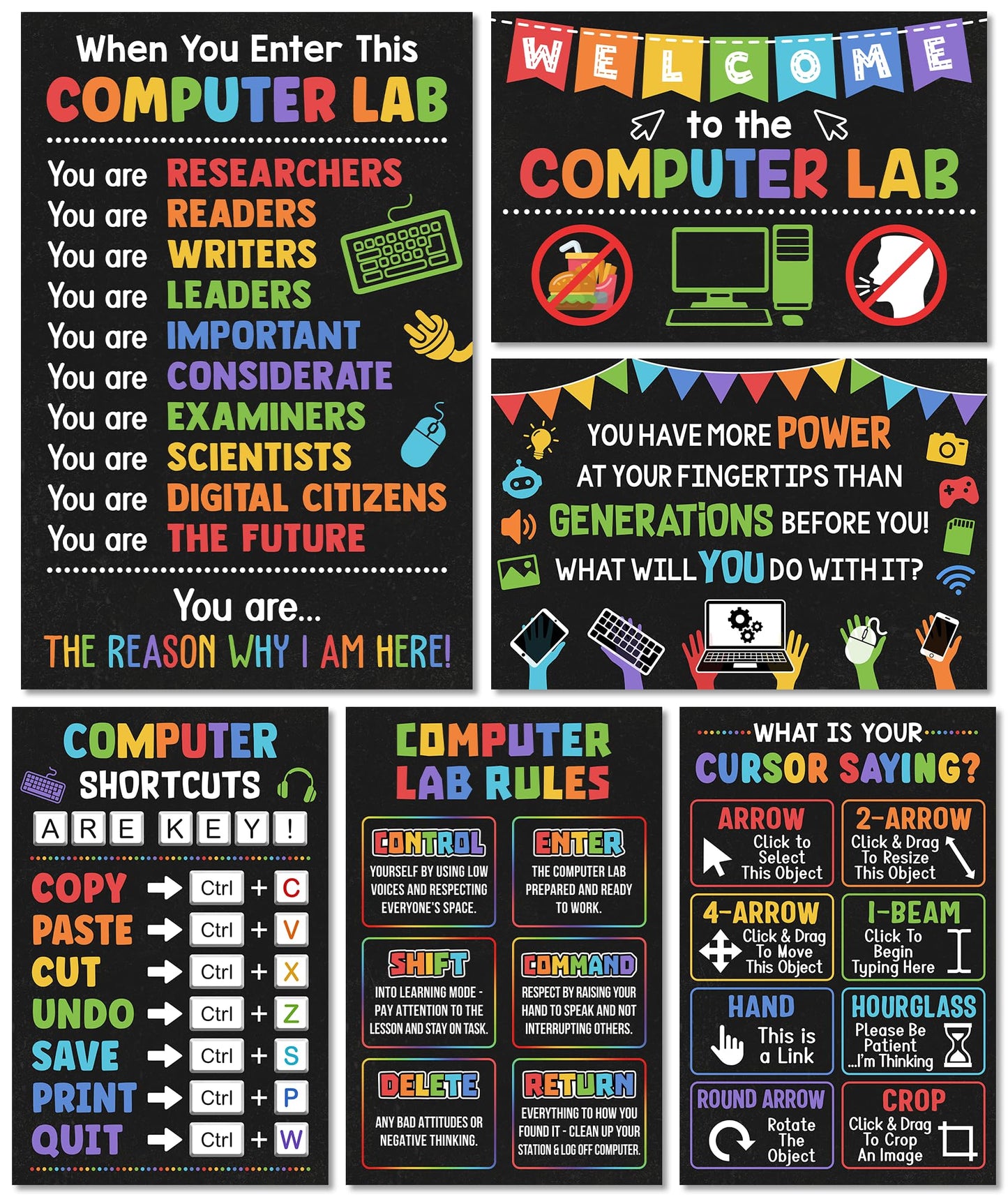 Lalunia 6 Pcs Computer Science Classroom Poster (11x16) - Computer Lab Posters, Teachers Supplies PC Shortcuts, Stem Technology Education Chart, PC Keyboard Wall Art For Kids, Back To School Gifts