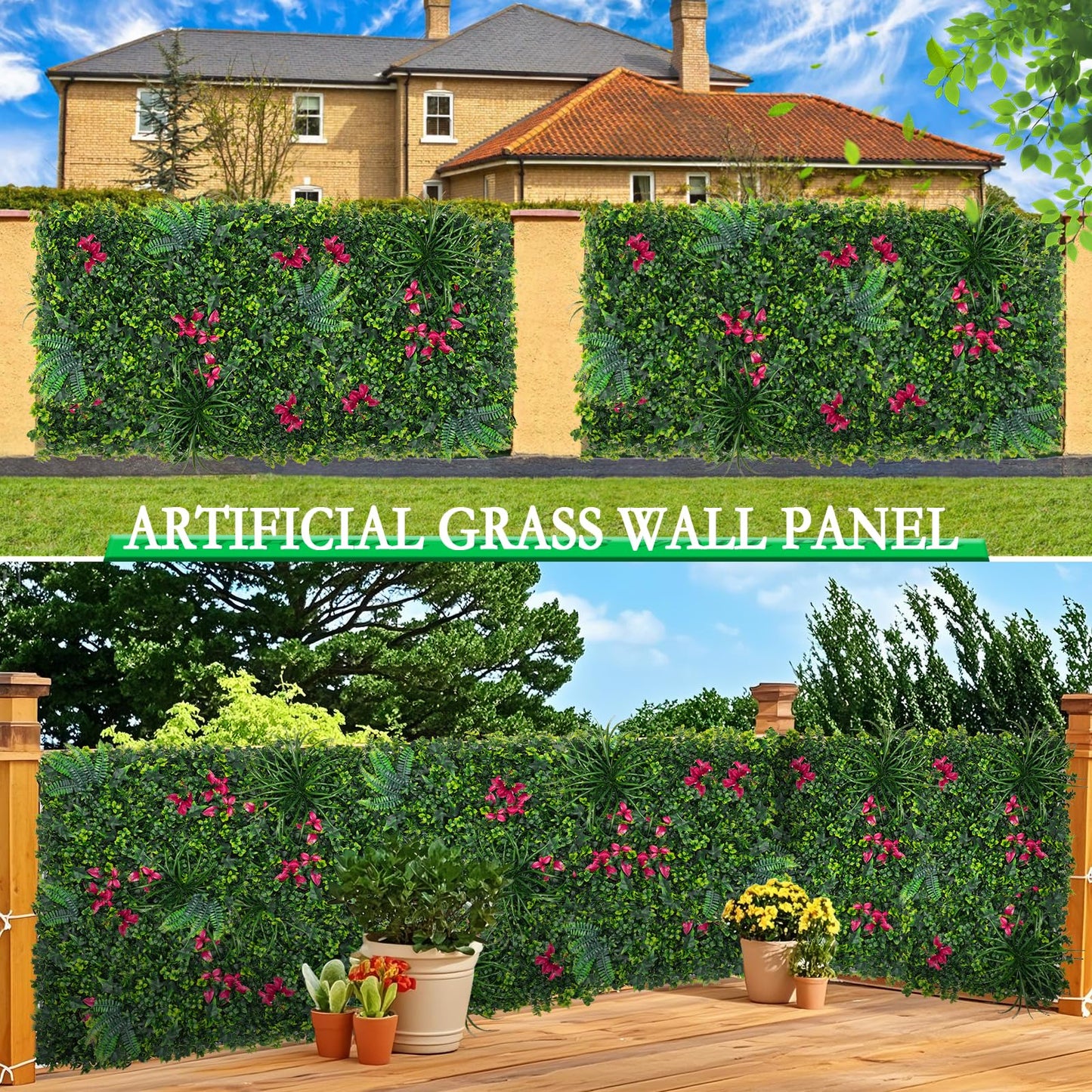Yangrass Artificial Boxwood Wall Panels, 20''x20'' 12pcs Grass Wall Panels with Mint Plant Leaves, Greenery Backdrop Privacy Screen with UV Protection, Green Grass Wall for Garden Indoor Outdoor Decor