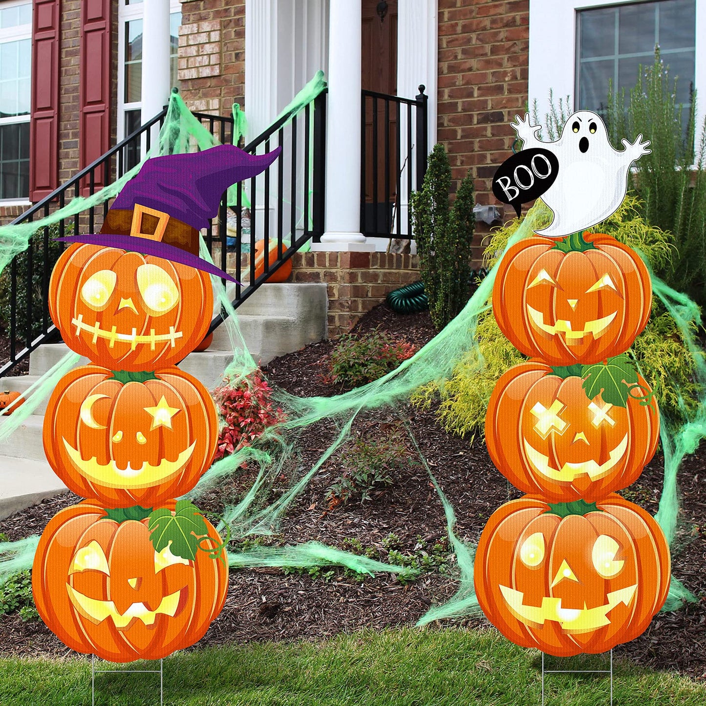 Jetec 2 Pcs 44 Inch Outdoor Halloween Decorations Light up Pumpkin Yard Stakes Plastic Stacked Pumpkin Witches Hat Boo Ghost Stake Sign with LED String Lights for Outside Home Lawn Pathway Party