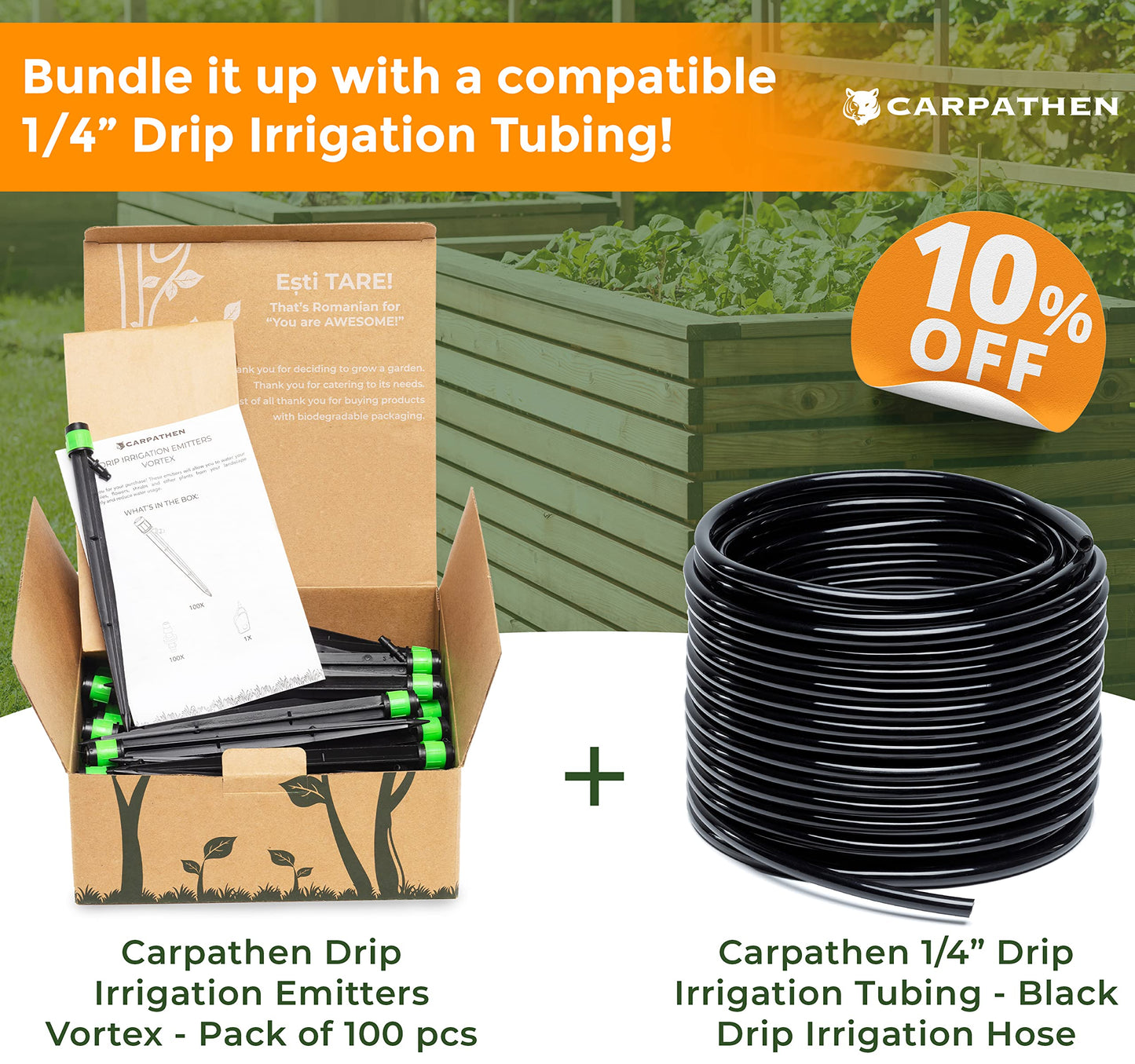 CARPATHEN 100 Drip Irrigation Emitters Vortex - Drip Irrigation Parts for Irrigation Kit - 1/4 inch Irrigation Tubing Compatible - 360 deg Adjustable Fan Sprayer for Raised Garden Bed, Potted Plants