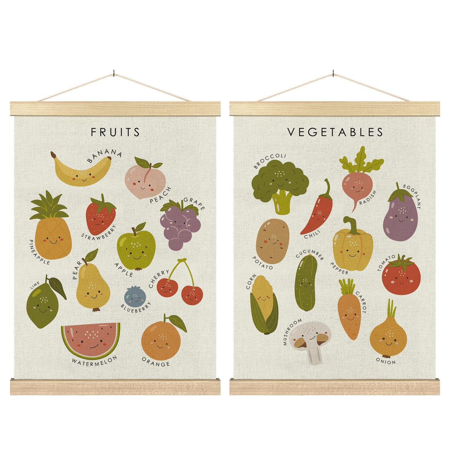 BCUANGD Fruits Vegetables Wall Decor - Toddlers Kids Preschool Poster Hanger with Wood Frames Set of 2, Educational Learning Wall Hanging Canvas Decor for Kids Room Nursery Home, 12x16 Inches