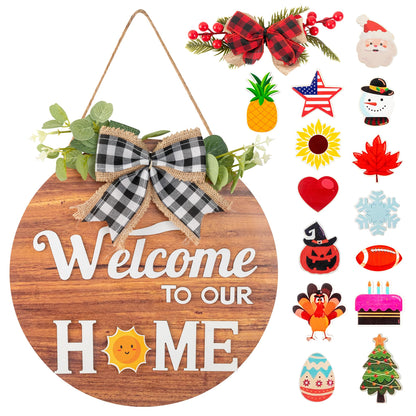 Interchangeable Seasonal Welcome Sign Front Door Decor, Rustic Round Wood Wreath Wall Hanging, Farmhouse Porch Indoor Outdoor for All Seasons Holiday Halloween Christmas