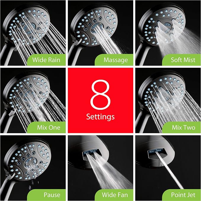 Hotel Spa AquaCare High Pressure 8-mode Handheld Shower Head - Anti-clog Nozzles, Built-in Power Wash to Clean Tub, Tile & Pets, Extra Long 6 ft. Stainless Steel Hose, Wall & Overhead Brackets