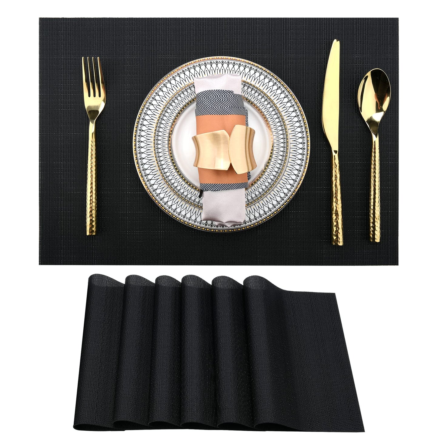 SLKQG Black Placemats Set of 6 - Easy Clean Washable Vinyl Placemats - Wipeable Heat Proof Table Mats for Dining Table - 17x12 Inch (Pure Black, 6)