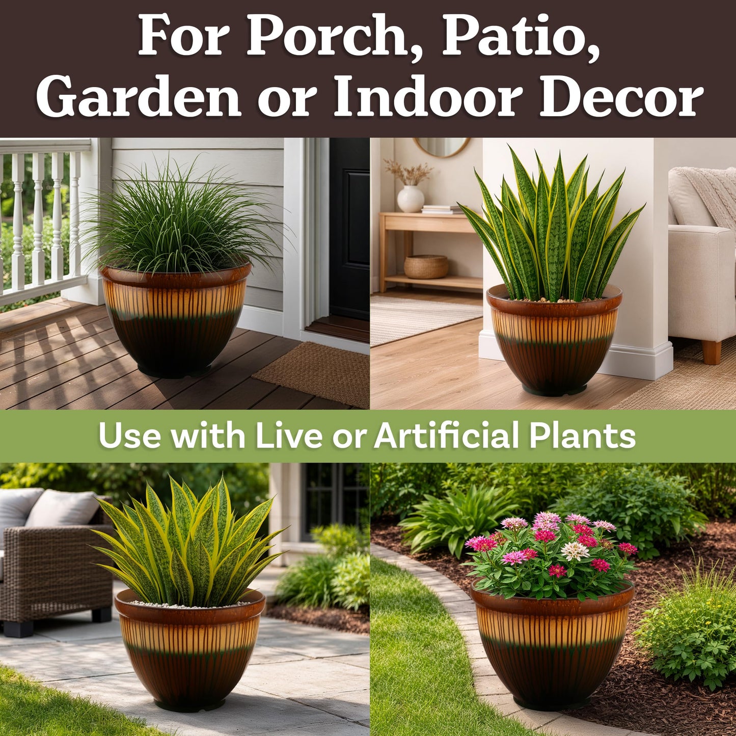Plastic Plant Pot with Glazed Pottery Finish and Drainage - 13.7” Large Planters for Indoor Plants or Outdoor Garden - UV Resistant Decorative Flower Pot Faux Ceramic Planter by Pure Garden (Bronze)