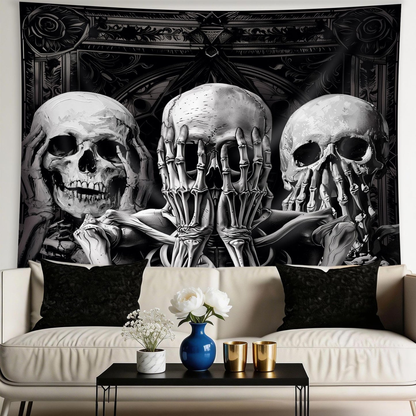 Mitpok Gothic Skull Tapestry Large Spooky Black Skeleton Goth Witchy Vinatge Funny Hilarious Cool Unique Wall Decor 71Hx91W Inch Halloween Wall Art Hanging Bedroom Living Room Dorm Wall Home Decor