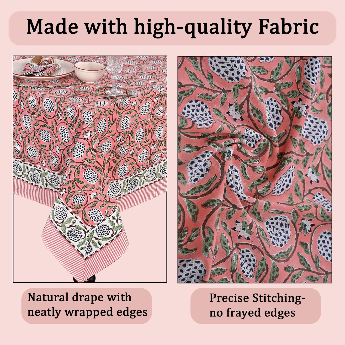 Ridhi Dark Salmon Pink Hand Block Print Cotton Rectangle Tablecloth 60" x 60" inches Reusable Table Cover Decorative Everyday Use for Dining Room, Farmhouse, Home Gift for Spring, Mother's Day