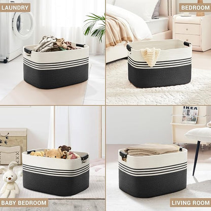 86L Extra Large Laundry Basket with Leather Handles for Living Room Storage, Woven Rope Baskets for Blanket, Kids Toy, Gifts, Wicker Hamper for Bedroom Dirty Clothes, 24"x16"x14" White Black