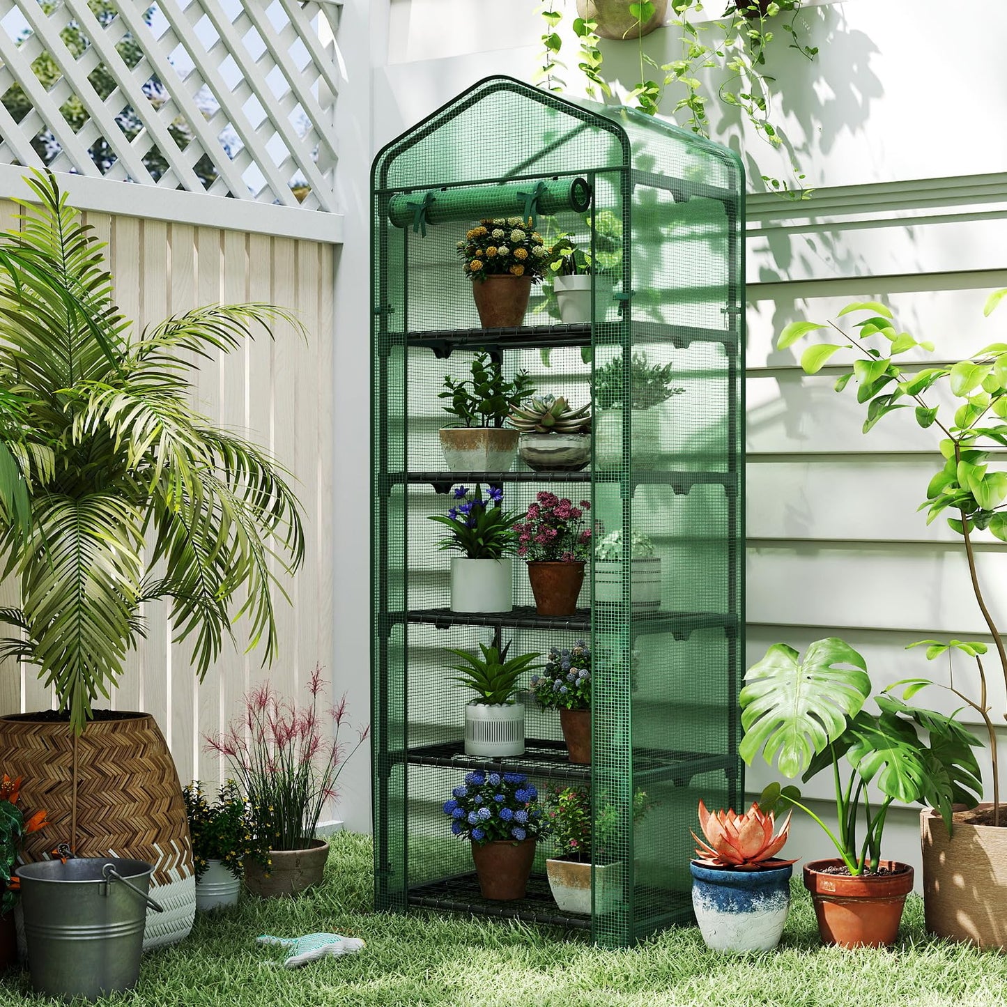 Giantex Mini Greenhouse Indoor Outdoor, 27" x 19" x 75" Portable Plant Grow House with 5 Tier Shelves, PE Cover, Roll-Up Zipper Door, Rustproof Elector-Coating Metal Frame for Patio Balcony Garden