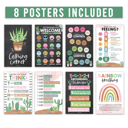 Hadley Designs 8 Calming Corner Posters for Classroom Must Haves -Calm Down Corner Supplies with Emotions Chart,School Counselor Mental Health Poster,Feelings Chart For Kids, Farmhouse Classroom Decor