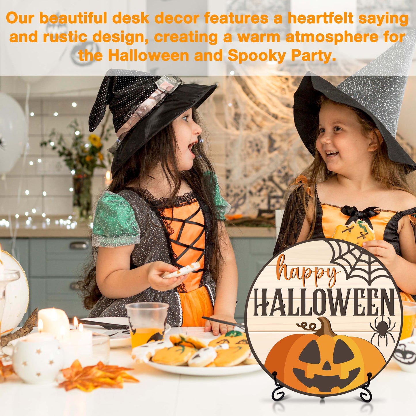 Seclate Halloween Desk Decorations for Home, Wooden Table Centerpieces 8x8 Inches with Iron Stand for Office Living Room Shelf Decor, Pumpkin Ghost Witch Design Gifts for Women Friends - E06