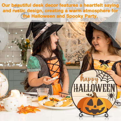 Seclate Halloween Desk Decorations for Home, Wooden Table Centerpieces 8x8 Inches with Iron Stand for Office Living Room Shelf Decor, Pumpkin Ghost Witch Design Gifts for Women Friends - E06