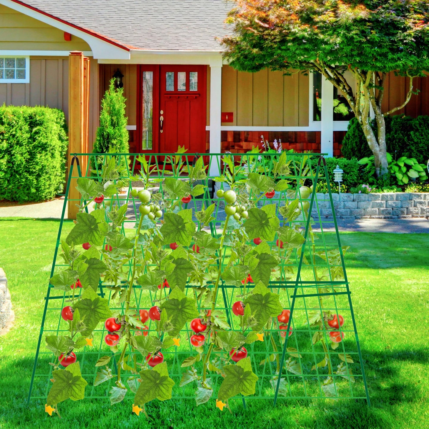 2 Packs 48" x 48" Foldable Cucumber Trellis for Raised Bed- A-Frame Garden Trellis for Climbing Plant Outdoor with Climbing Net & Plant Support Clip for Outdoor Plants Zucchini Vegetables Flowers
