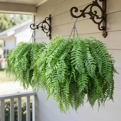 FancyPlus Artificial Hanging Plants Outdoor, UV Resistant Fake Fern Faux Greenery 2 Set for Outside Planter Patio Home Garden Decor (10 Branches&2 Basket)