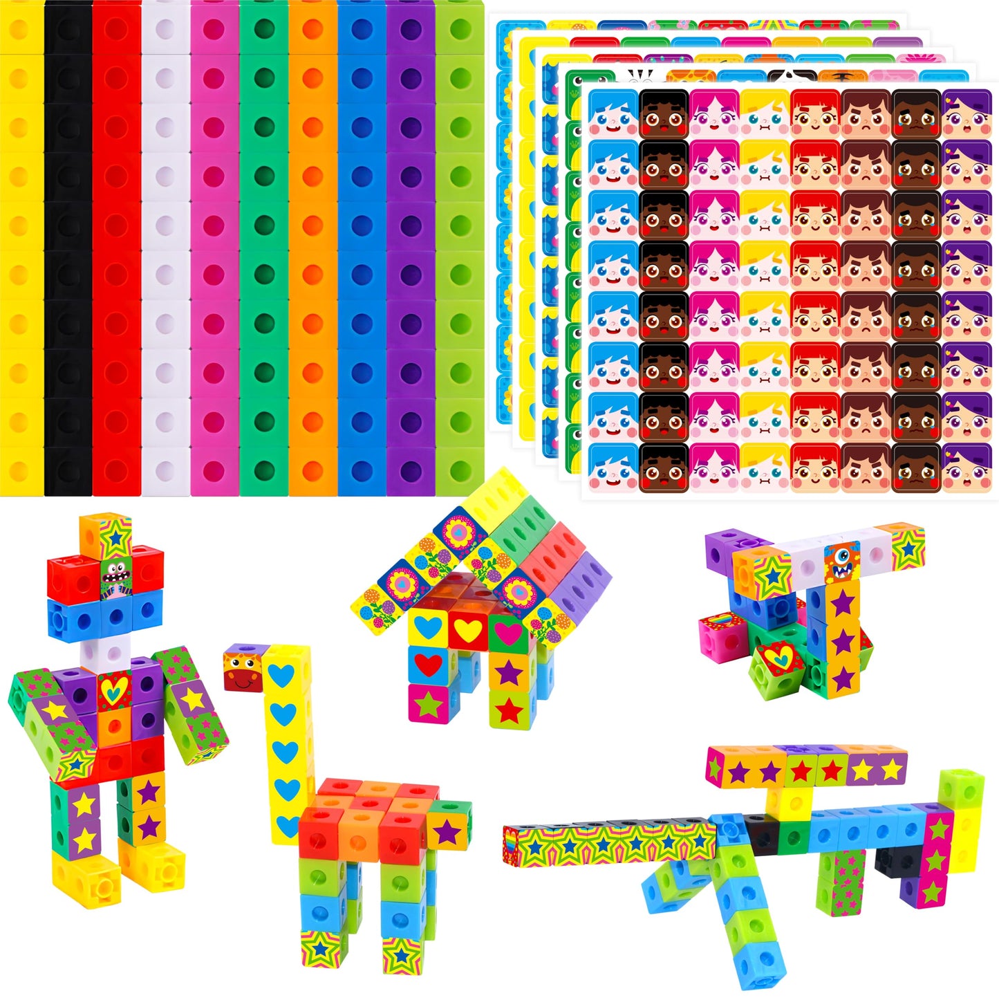 100 Math Linking Cubes, Math Cubes with 320 Reusable Stickers Manipulative Geometric Shapes Connecting and Counting Snap Blocks for Early Math & Construction, Educational Toy for Preschool, Homeschool