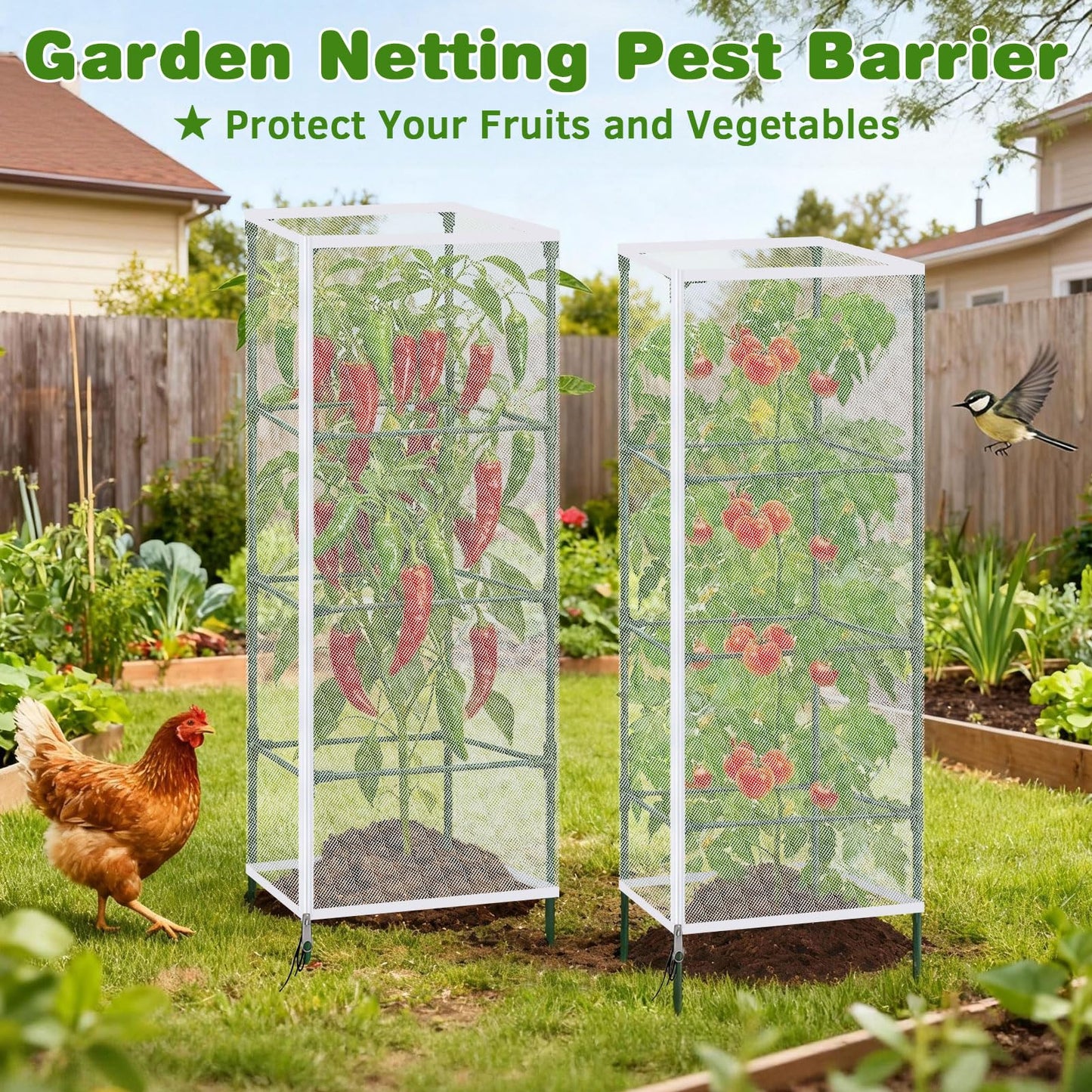 3 Pack Tomato Netting for Garden Protection, 59x18x18 inches Ultra-Fine Mesh Plant Netting Cover for Square Tomato Cage, Bird,Pest & Small Animal Barrier with Zipper & Drawstring