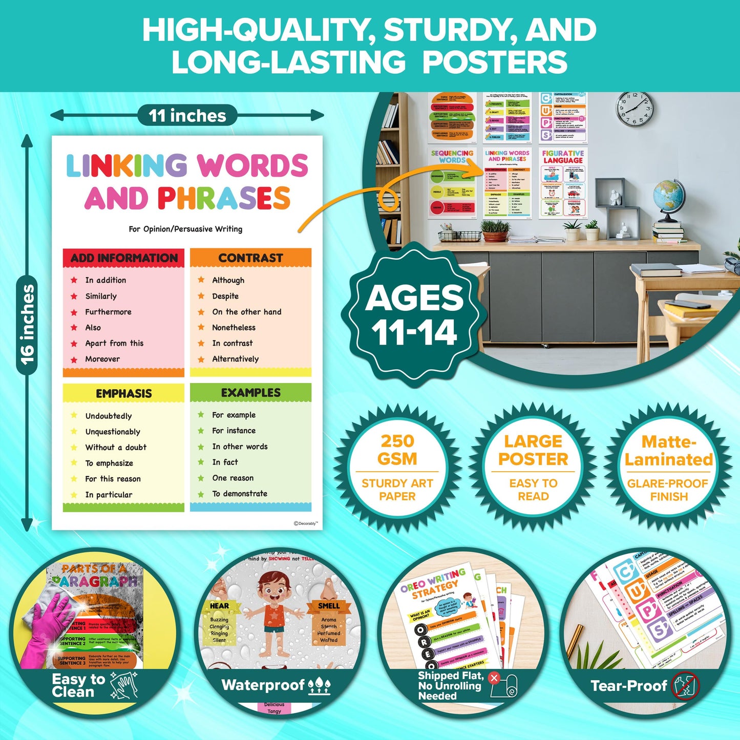 Decorably 12 Writing Posters for Classroom Middle School and Elementary, 11x16in Educational, Matte-Laminated for Hallways, Bulletin Boards, Home Study Room