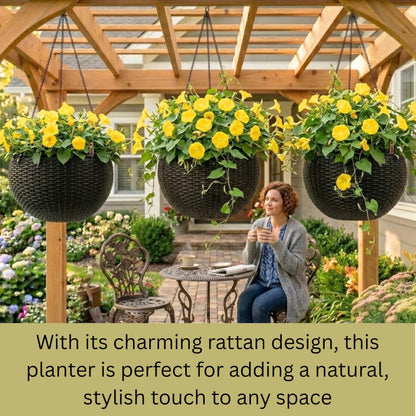 LaLaGreen Bundle- 4 Pack, 24 Inch Metal Planter with Coco Liner + 3 Pack, 11 Inch Self Watering Hanging Basket Plastic Flower Pot with Chain Outdoor Wall Mounted Balcony Fence Patio Porch Modern Decor