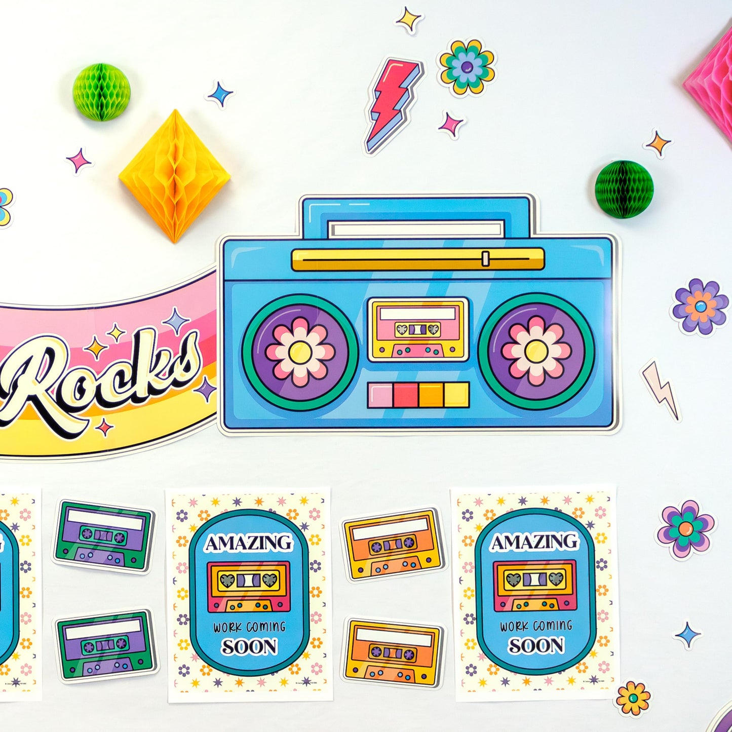 Happily Ever Elementary Retro Remix 79-Piece Work That Rocks Motivational Bulletin Board Set, Boombox, Cassette Tapes, Headphone, Flowers and More Groovy Bulletin Board Decorations for Classroom Decor