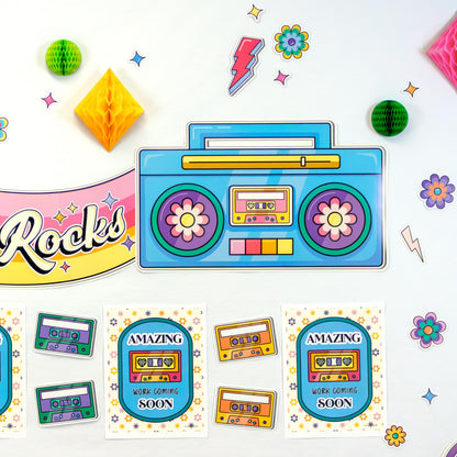 Happily Ever Elementary Retro Remix 79-Piece Work That Rocks Motivational Bulletin Board Set, Boombox, Cassette Tapes, Headphone, Flowers and More Groovy Bulletin Board Decorations for Classroom Decor