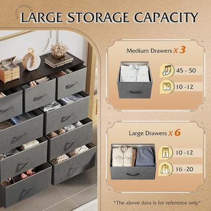 WLIVE 9-Drawer Dresser, Fabric Storage Tower for Bedroom, Hallway, Entryway, Closet, Tall Chest Organizer Unit with Fabric Bins, Steel Frame, Wood Top, Easy Pull Handle, Dark Grey