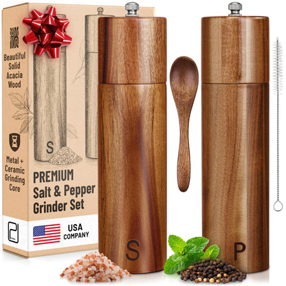 Premium Wooden Salt and Pepper Grinder Set - 28 g / 1 oz each, Acacia Solid Wood Mills - Refillable Coarse Grain Salt & Peppercorn Manual Twist Grinders - Modern or Rustic Home Table - by PJC-Kitchen