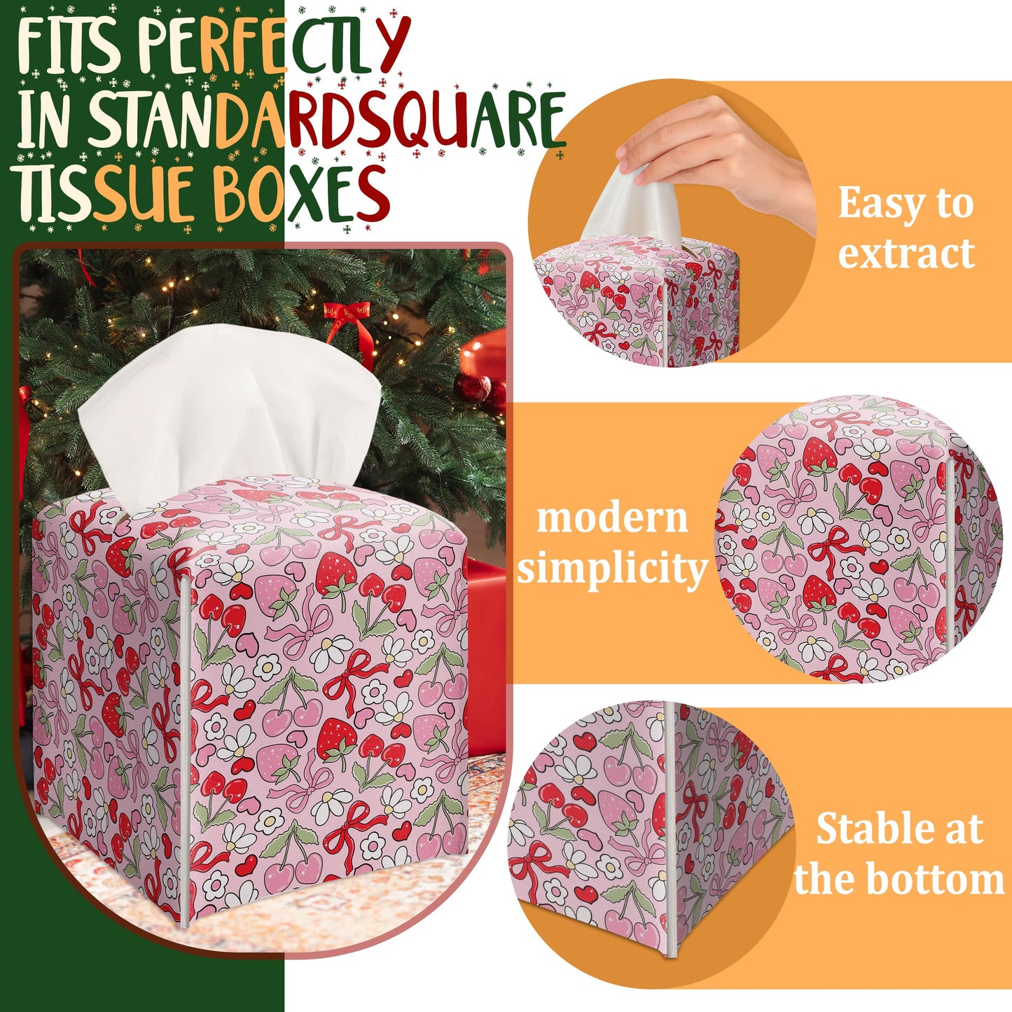 Modern Square Leather Tissue Box Cover/Case Holder Gifts for Women Family and Friends, Decorative Holder/Organizer for Bathroom Kitchen Nightstand Office Home (Red Bow Strawberry)
