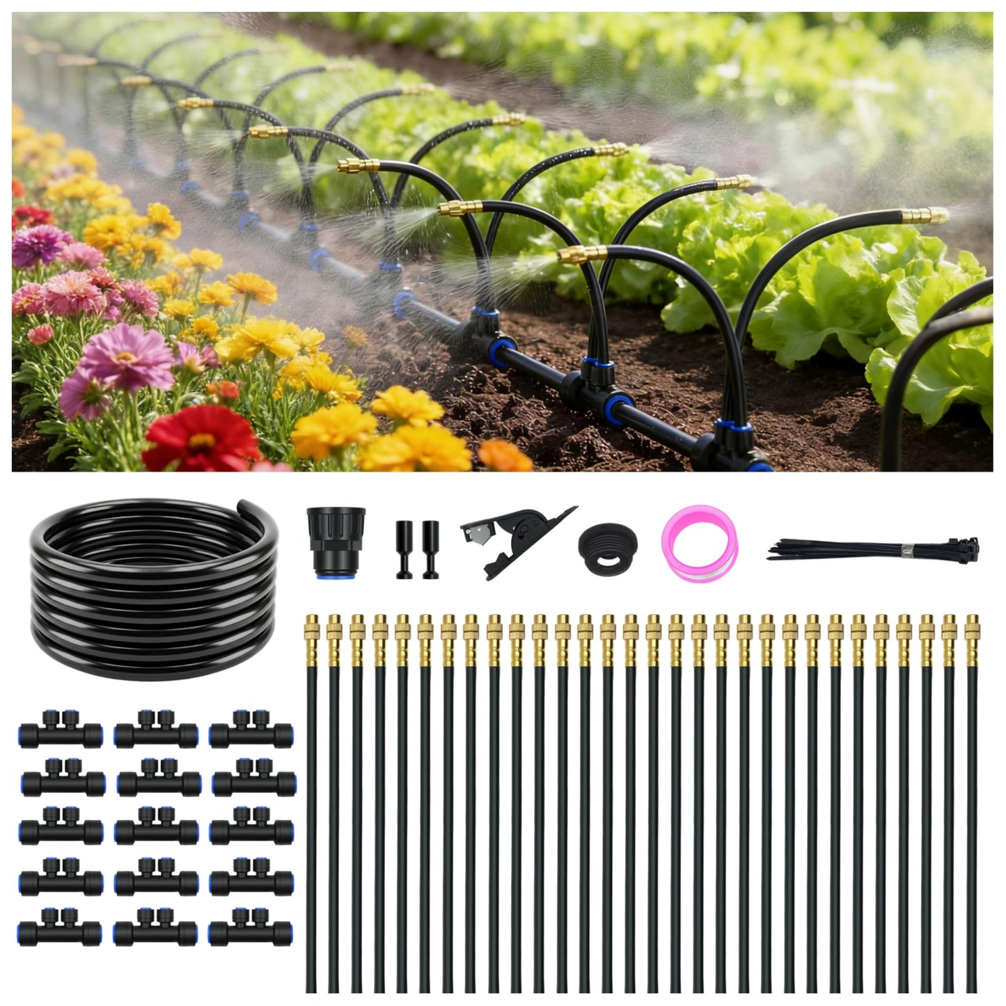 Drip Irrigation System for Garden, Automatic Watering System with Adjustable 360° Copper Spray Nozzles, DIY Drip Irrigation Kit for Yard, Lawn, Greenhouse, Raised Beds & Potted Plants (50FT)