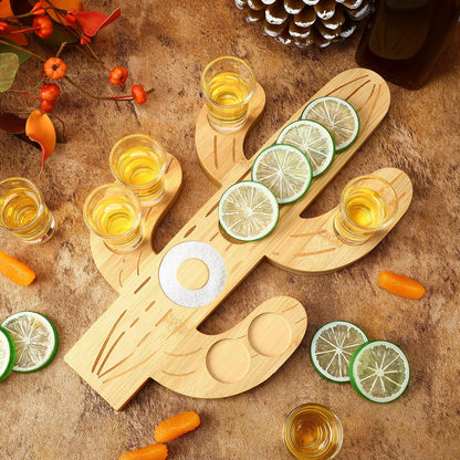 Funnymoom Mexican Tequila Shot Board with Glasses Set Fiesta Wooden Serving Tray with 6 Shot Glasses and Salt Lemon Rim Mexican Tequila Gifts for Cinco De Mayo Holiday Liquor Party(Cactus)