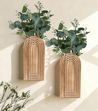 DREAMLOOM 2 Pack Wooden Wall Vases with Fake Plants, Wall Hanging Planters Boho Modern Farmhouse Indoor for Narrow Spaces Entryway Bathroom Home Office Decoration, Black