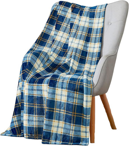Teal Plaid Farmhouse Fleece Throw Blanket: Soft Blue Cream Brown Tartan Design Accent for Sofa Couch Chair Bed Dorm