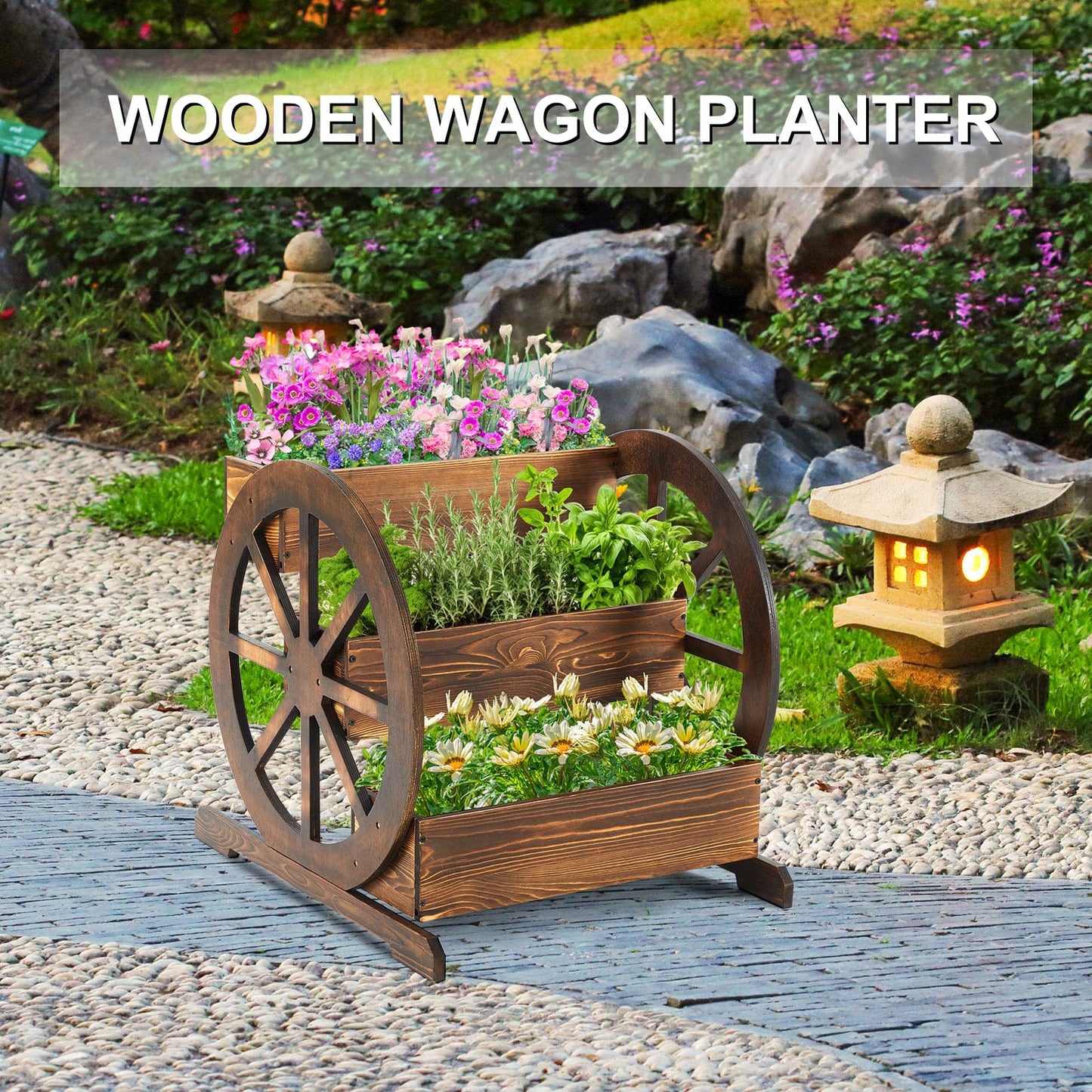 Beeveer 3 Tier Wooden Wagon Planter Box 24" x 24.5" x 22.5" Garden Planter for Outside Wood Planter Box with Drainage Holes Decorative Planters for Patio Garden Balcony Vegetables Flowers Herbs